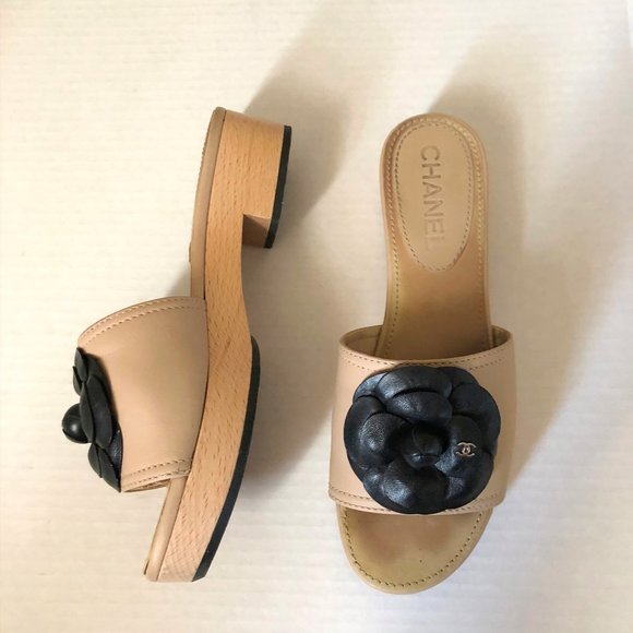 Chanel beige black wooden sole Camelia Bay sandals
